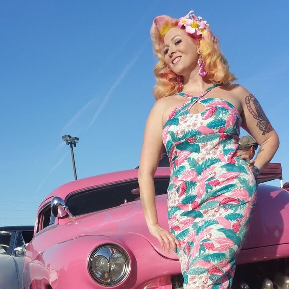 Bettie Page Dresses & Skirts - Bettie Page Flamingo Halter Dress